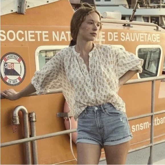 Doen Tops - DOEN Jane Blouse Sunflower Block Floral Print Cream Mustard Peasant Boho SZ M